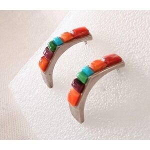 Sterling Turquoise Spiny Oyster Cobblestone Half Hoop Earrings Signed Southwest